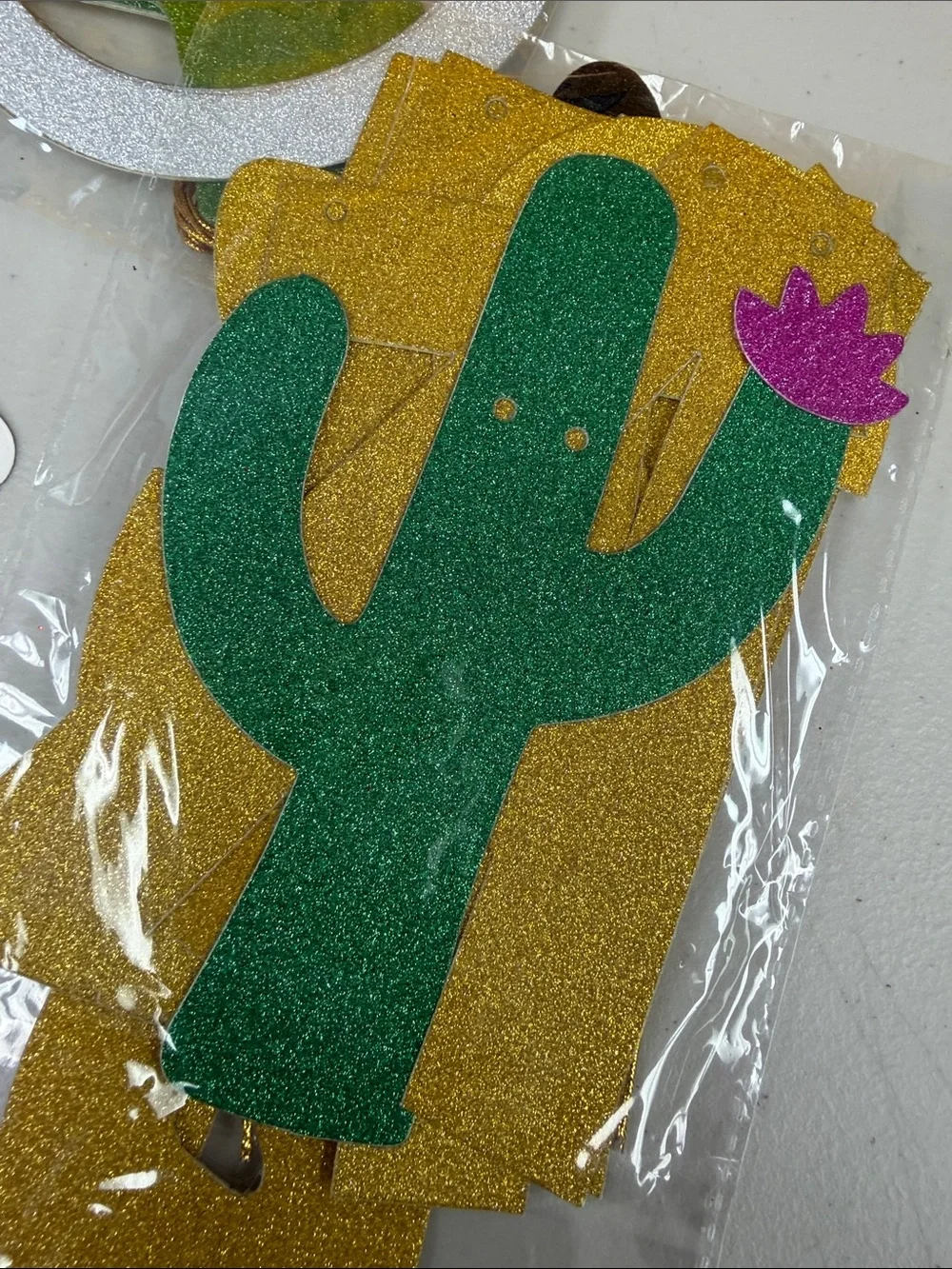 3 piece Final Fiesta Banner Glitter Party Banner - Gold & Green cactus sombrero